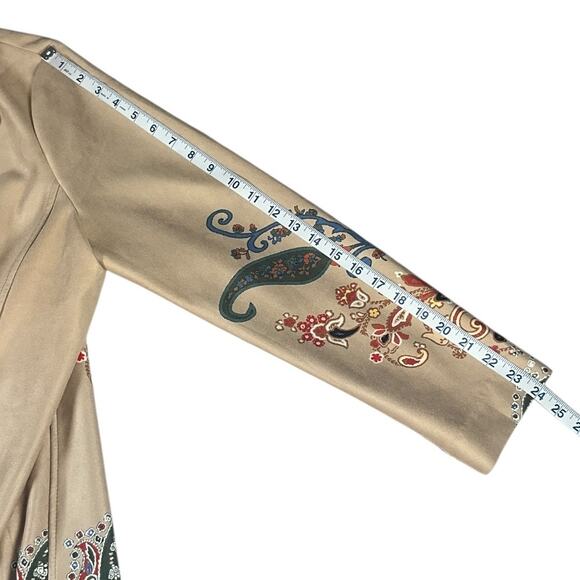 Chicos Paisley Long Swing Coat Boho Artsy Duster Jacket Travel Open Front Size3 - Picture 10 of 12